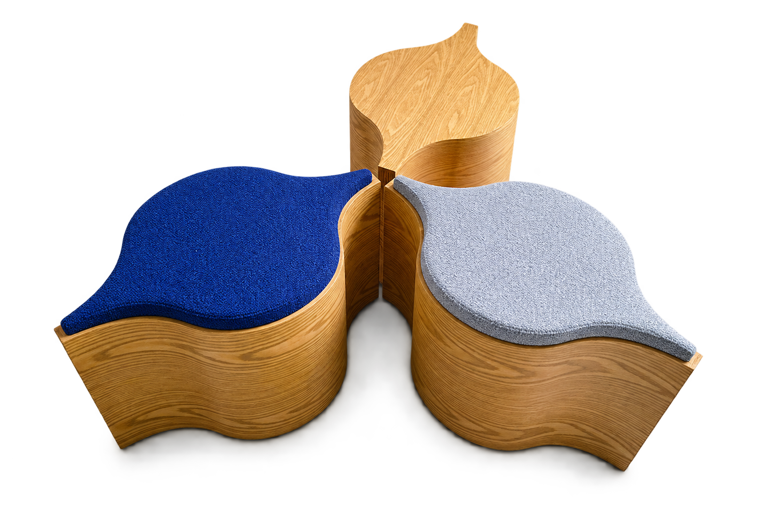 Three light-timber Flosion modules gathered together with blue and grey upholstery